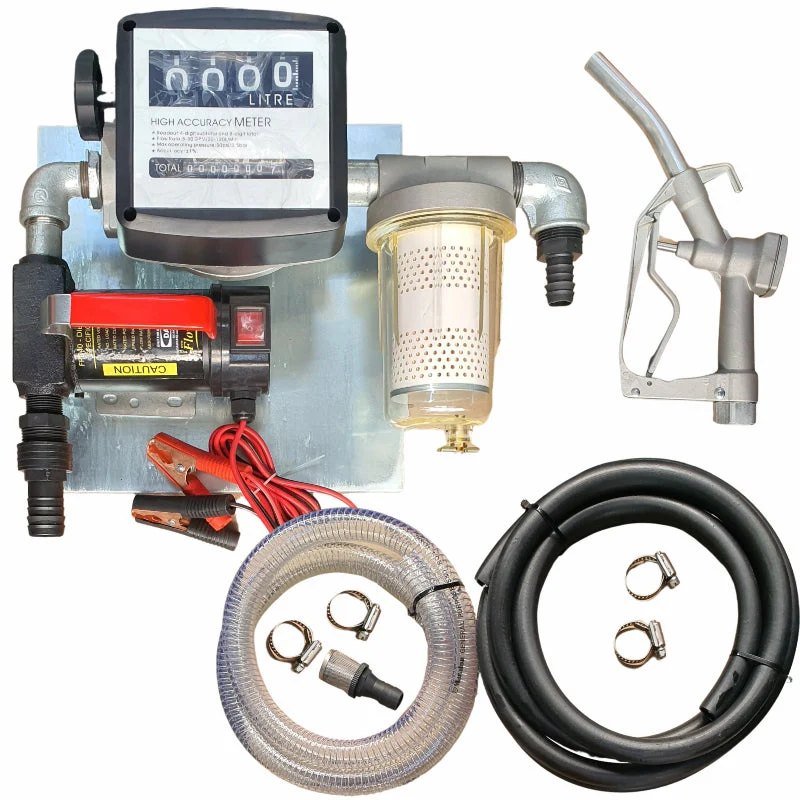 40lt – 12v Diesel pump kit with transparent dirt filter – Fully assembled on wall-mount plate - Diesel Pumps & Accessories | TradeQuip SA